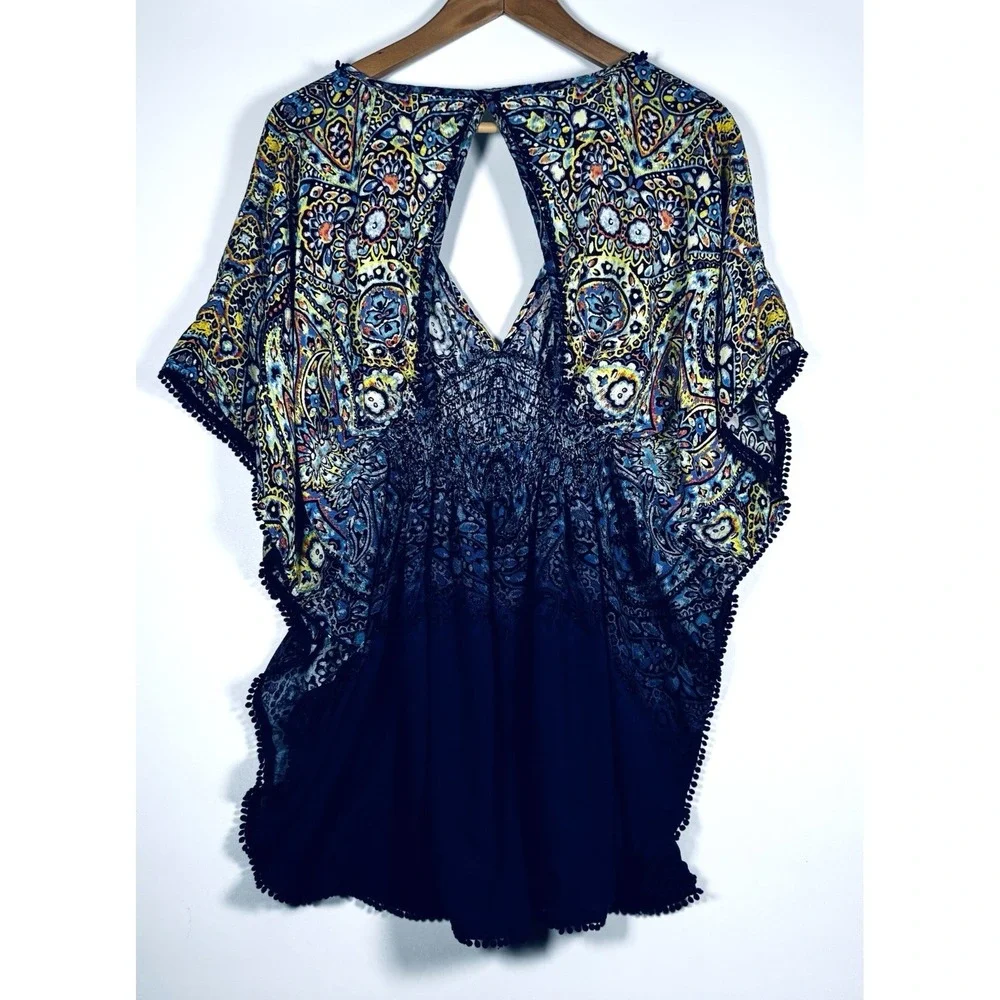 Victoria‎ Secret Paisley Boho Tunic Top Womens Small Blue Ruched  Blouse
